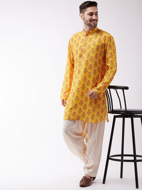 Vastramay Men's Multicolor-Base-Mustard And Cream Muslin Cotton Kurta and Patiala Set