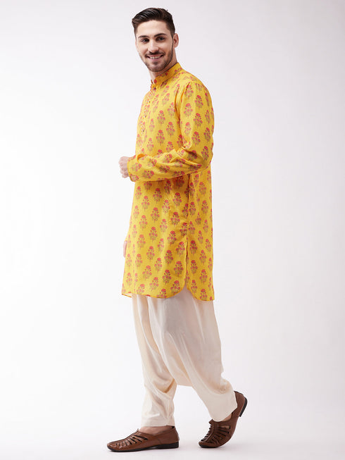Vastramay Men's Multicolor-Base-Mustard And Cream Muslin Cotton Kurta and Patiala Set