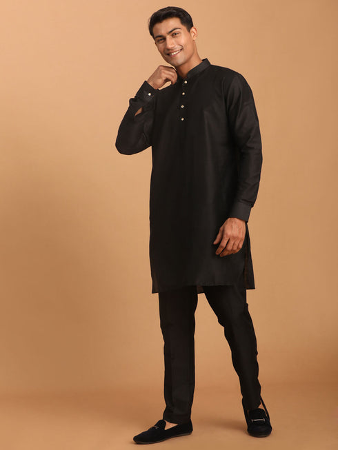 Vastramay Men's Black Silk Blend Curved Hem Kurta With Pant Set