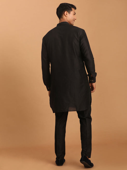 Vastramay Men's Black Silk Blend Curved Hem Kurta With Pant Set