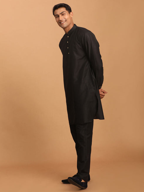 Vastramay Men's Black Silk Blend Curved Hem Kurta With Pant Set