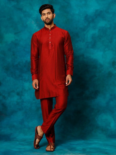 Vastramay Men's Maroon Viscose Kurta Pyjama Set