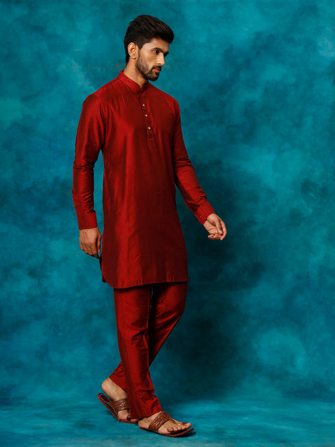 Vastramay Men's Maroon Viscose Kurta Pyjama Set