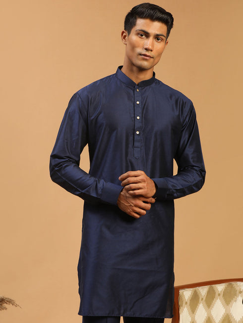 Vastramay Men's Blue Silk Blend Curved Hem Kurta