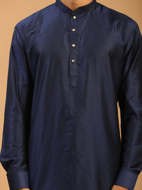Vastramay Men's Blue Silk Blend Curved Hem Kurta
