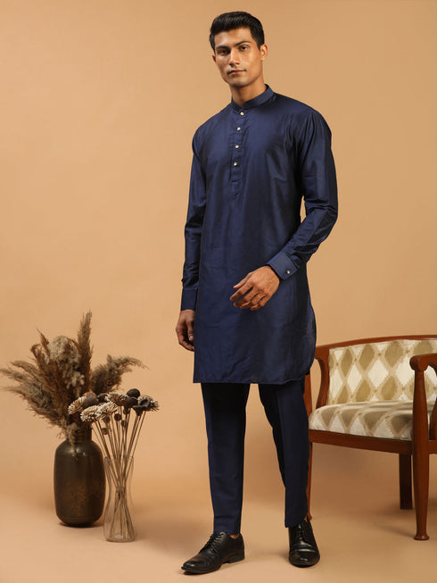 Vastramay Men's Blue Silk Blend Curved Hem Kurta With Pant Set