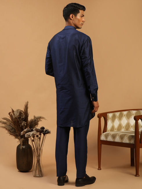 Vastramay Men's Blue Silk Blend Curved Hem Kurta With Pant Set