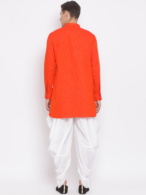 Vastramay Men's Red Cotton Blend Kurta and White Dhoti Set