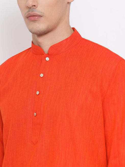 Vastramay Men's Red Cotton Blend Kurta and White Dhoti Set