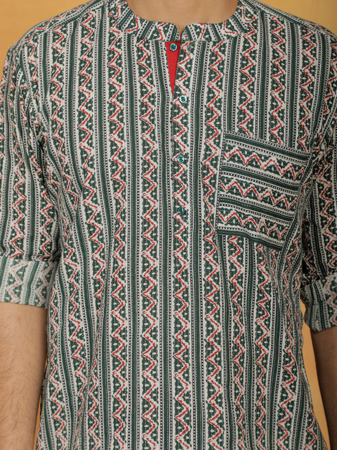 Vastramay Men's Green Cotton Short Kurta