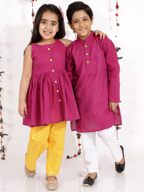 Vastramay Purple Handloom Cotton Striped Siblings Set