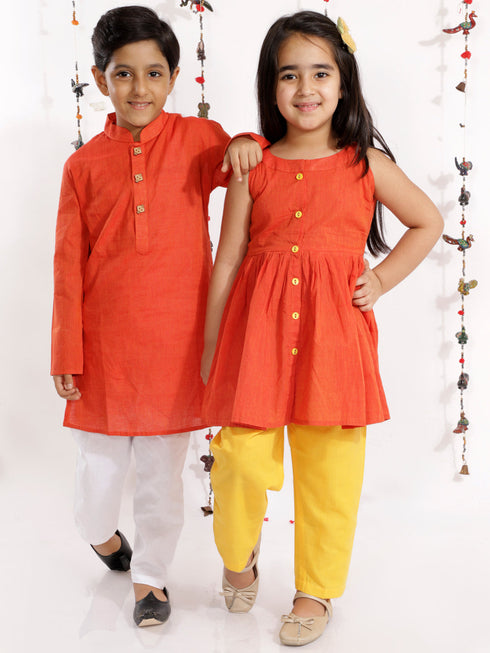 Vastramay Orange Handloom Cotton Striped Siblings Set