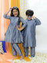 Vastramay Grey Silk Blend Ethnic Print Kurta Pyjama Sibling Set