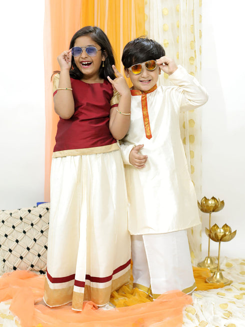Vastramay Maroon And Cream South Collection Sibling Set