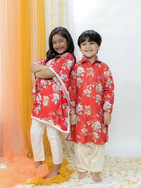 Vastramay Red Cotton Blend Floral Print Kurta Pyjama Sibling Set