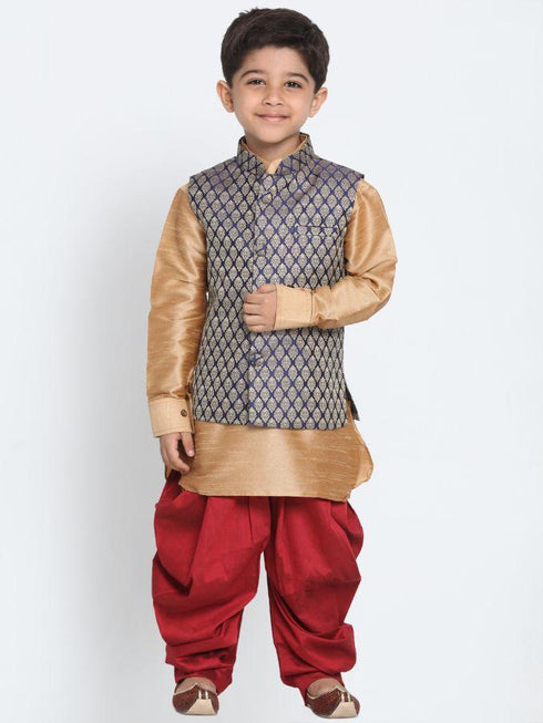 Vastramay Boys' Blue Cotton Silk Blend Ethnic Jacket, Golden Kurta and Dhoti Pant Set