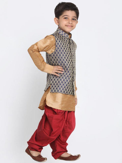 Vastramay Boys' Blue Cotton Silk Blend Ethnic Jacket, Golden Kurta and Dhoti Pant Set