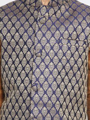 Vastramay Boys' Blue Cotton Silk Blend Ethnic Jacket, Golden Kurta and Dhoti Pant Set