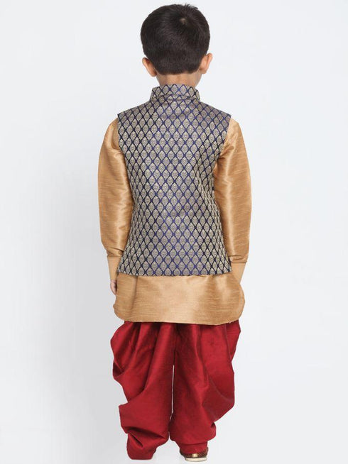 Vastramay Boys' Blue Cotton Silk Blend Ethnic Jacket, Golden Kurta and Dhoti Pant Set