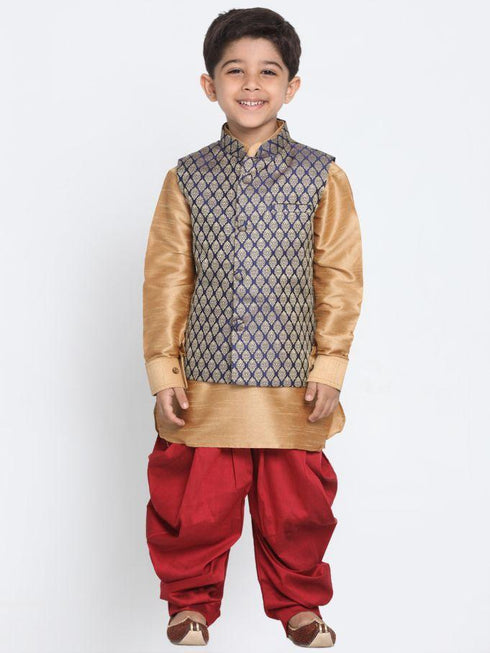 Vastramay Boys' Blue Cotton Silk Blend Ethnic Jacket, Golden Kurta and Dhoti Pant Set