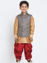 Vastramay Boys' Blue Cotton Silk Blend Ethnic Jacket, Golden Kurta and Dhoti Pant Set