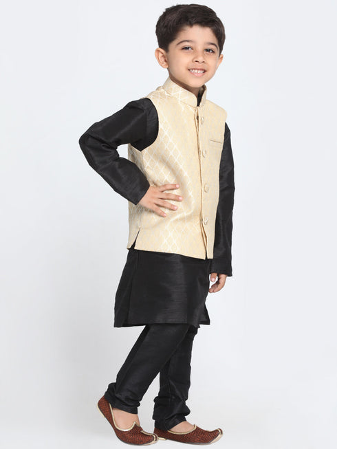 Vastramay Cream and Black Color Silk Blend Baap Beta Jacket Kurta Pyjama set