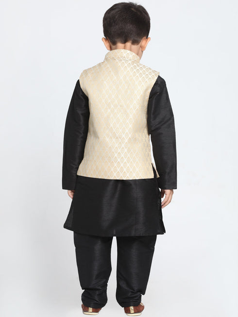 Vastramay Cream and Black Color Silk Blend Baap Beta Jacket Kurta Pyjama set