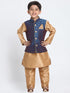 Vastramay Boys' Deep Blue Cotton Silk Blend Waistcoat, Golden Kurta and Pyjama Set