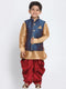 Vastramay Boy's Deep Blue Cotton Silk Blend Ethnic Jacket, Rose Gold Kurta and Maroon Dhoti Pant Set