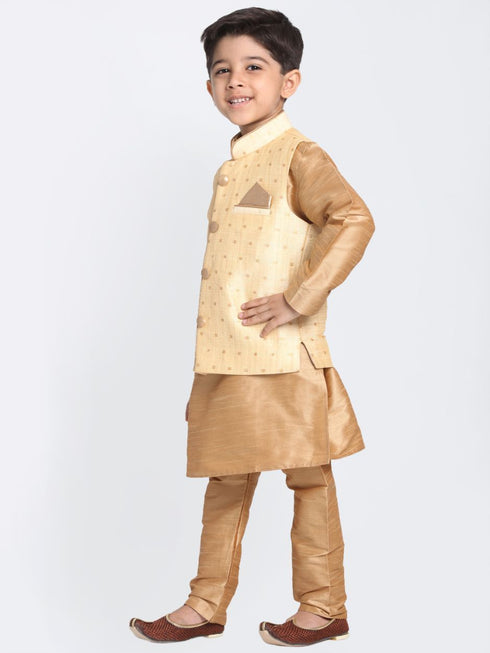 Vastramay Boys' Gold Cotton Silk Blend Kurta, Waistcoat and Pyjama Set