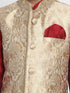 Vastramay Boys' Gold Cotton Silk Blend Waistcoat, Maroon Kurta and Pyjama Set