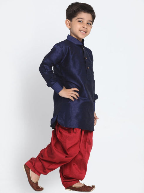 Vastramay Boys' Blue Cotton Silk Blend Kurta and Dhoti Pant Set