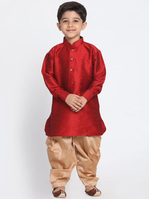 Vastramay Boy's Maroon and Rose Gold Silk Blend Kurta and Patiala Pant Set