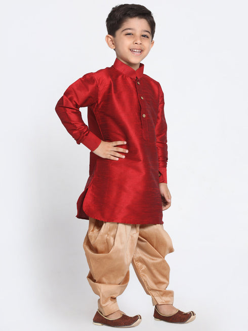 Vastramay Boy's Maroon and Rose Gold Silk Blend Kurta and Patiala Pant Set