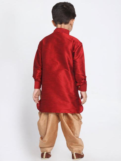 Vastramay Boy's Maroon and Rose Gold Silk Blend Kurta and Patiala Pant Set
