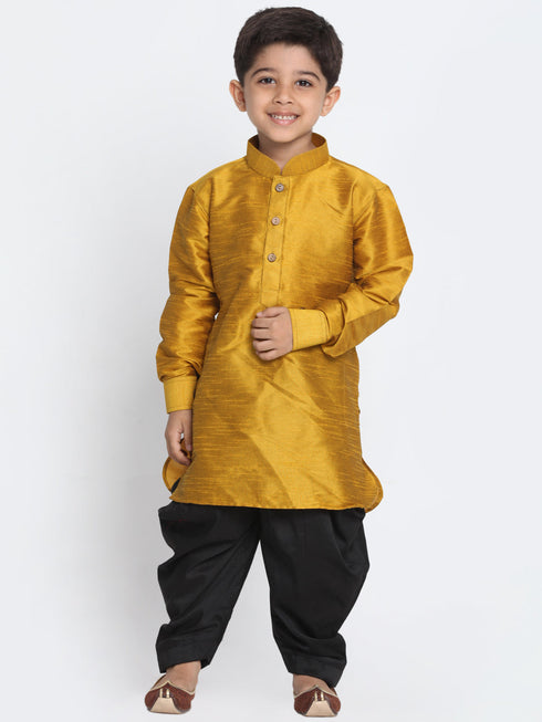 Vastramay Boy's Mustard and Black Silk Blend Kurta and Patiala Pant Set