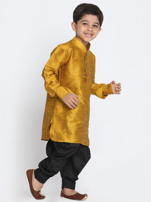 Vastramay Boy's Mustard and Black Silk Blend Kurta and Patiala Pant Set