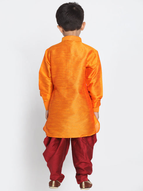 Vastramay Boy's Orange and Maroon Silk Blend Kurta and Patiala Pant Set