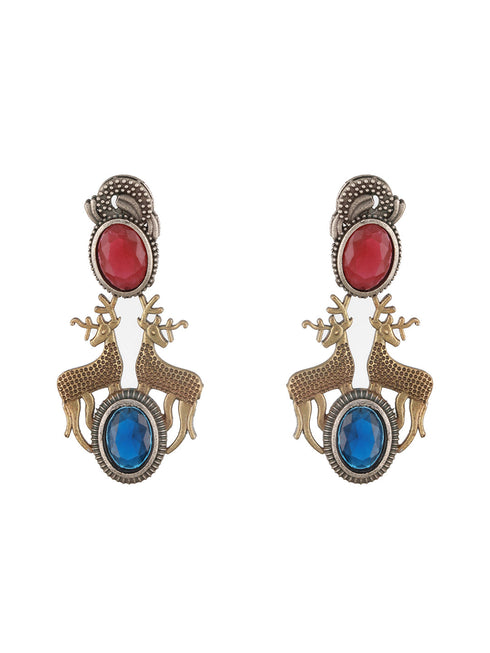 Dual Toned Oxidised Red Stone Studded Brass Handcrafted Deer Motif Intricate Designer Jewellery Set