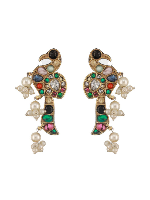 Dual Tone Oxidised Nav Ratan Stone Studded Pearl Beaded Bird Motif Designer