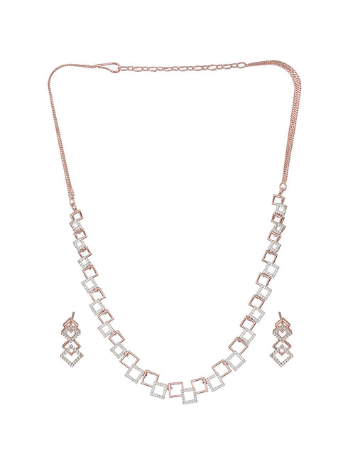 Rose Gold Plated AD Studded Minimal Geometric Necklace Jewellery Set