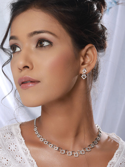 Silver Plated AD Studded Minimal Geometric Necklace Jewellery Set