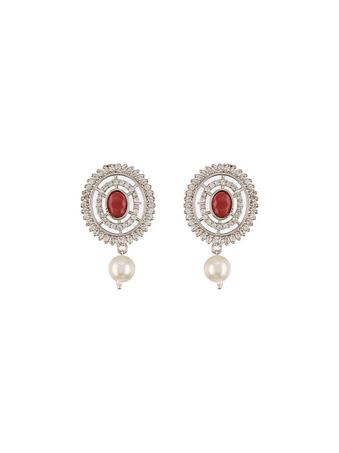 Silver Toned Red Ruby Studded Pearl Beaded Choker Jewellery Set