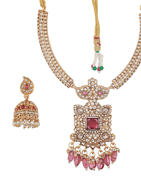 Gold Plated Red Zircon & Pearl Beaded Floral Pipe Pendant Jewellery Set With Jhumka
