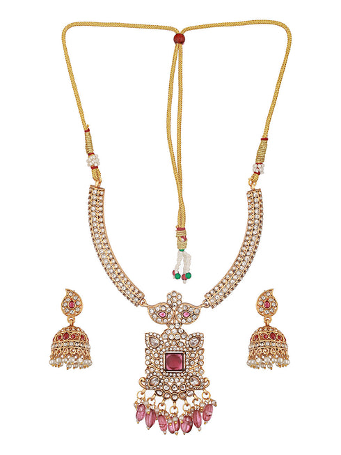 Gold Plated Red Zircon & Pearl Beaded Floral Pipe Pendant Jewellery Set With Jhumka