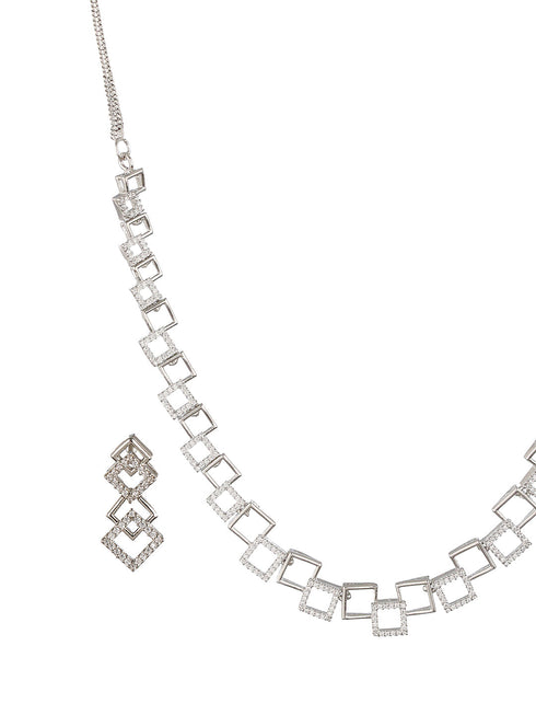 Silver Plated AD Studded Minimal Geometric Necklace Jewellery Set