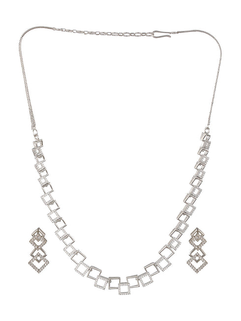 Silver Plated AD Studded Minimal Geometric Necklace Jewellery Set