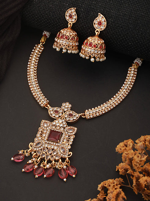 Gold Plated Red Zircon & Pearl Beaded Floral Pipe Pendant Jewellery Set With Jhumka