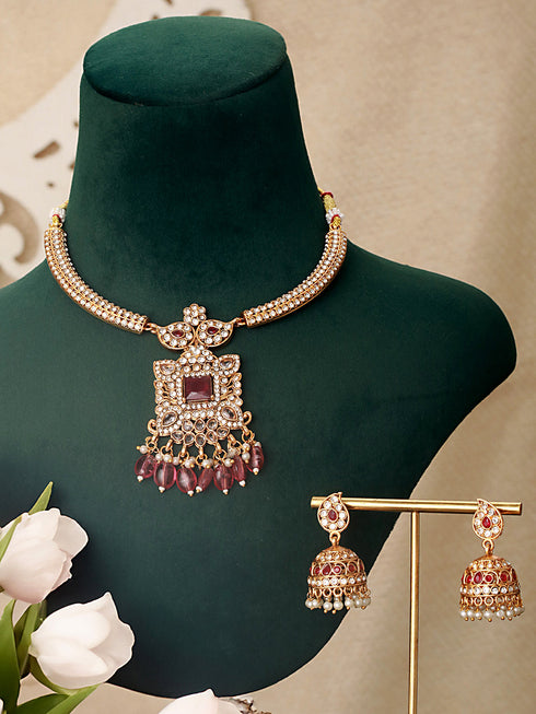Gold Plated Red Zircon & Pearl Beaded Floral Pipe Pendant Jewellery Set With Jhumka