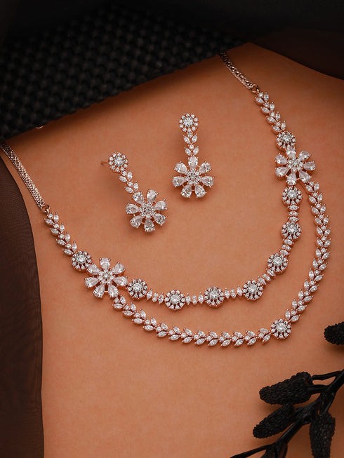 Rose White CZ Studded 2 Line Floral Jewellery Set